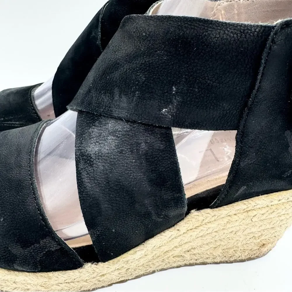 Soul Naturalizer Oshay Black Leather Espadrille Strappy Wedge Heel Sandal Size 6